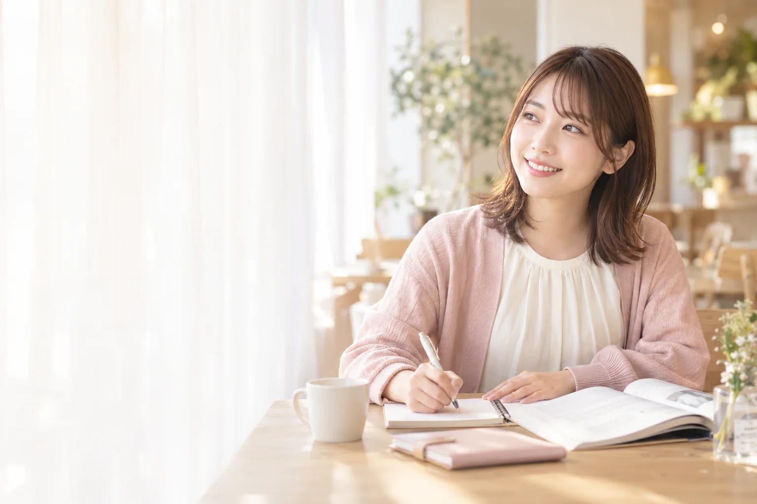 明るい室内でノートを開き、勉強する成人女性のイメージ